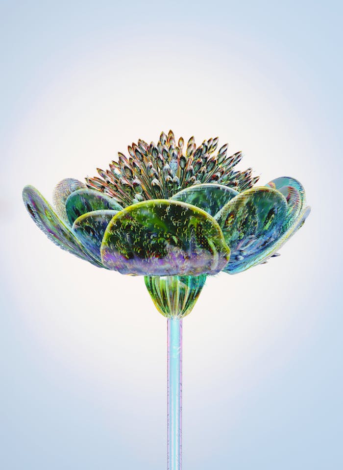 Services A stunning 3D glass-effect flower highlighting technology and abstract design.