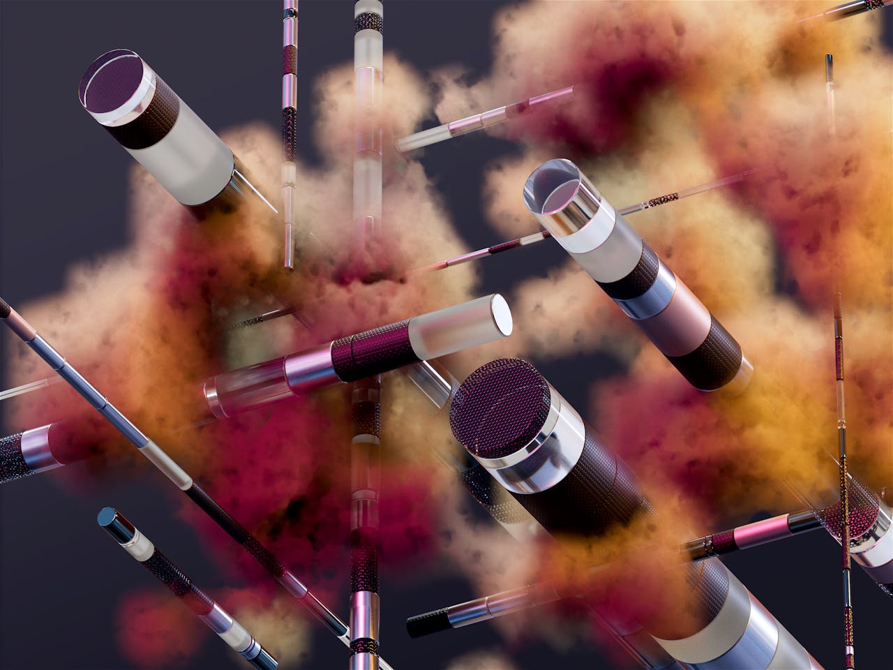 Home An abstract display of vibrant makeup brushes amidst colorful smoke clouds, showcasing creativity.