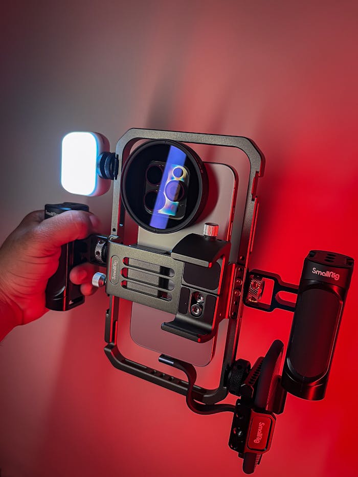 Home Close-up of a camera rig with LED light in a red-lit environment, capturing vibrant colors.