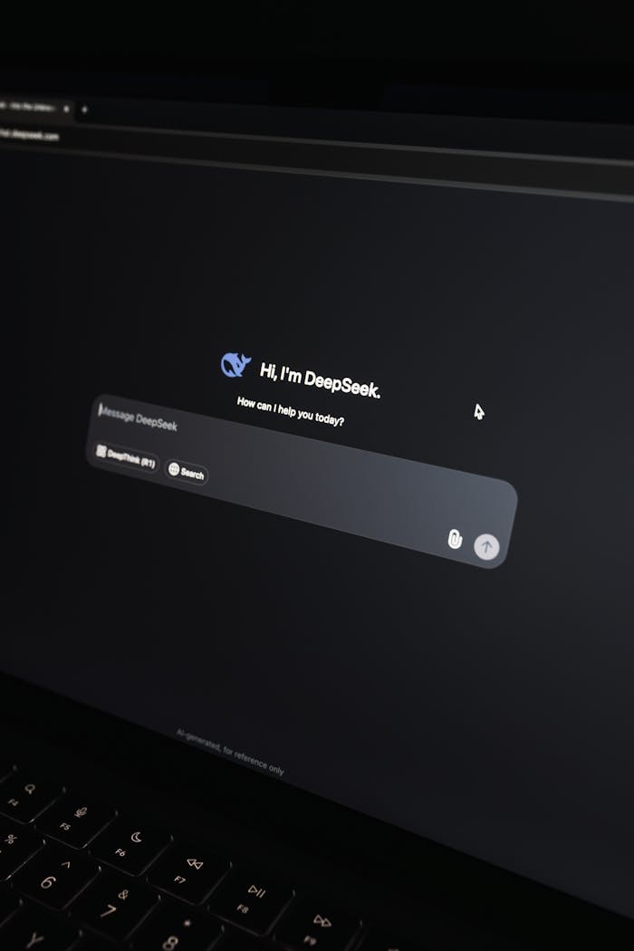 Home Close-up of an AI chat interface on a laptop screen in a dark setting.